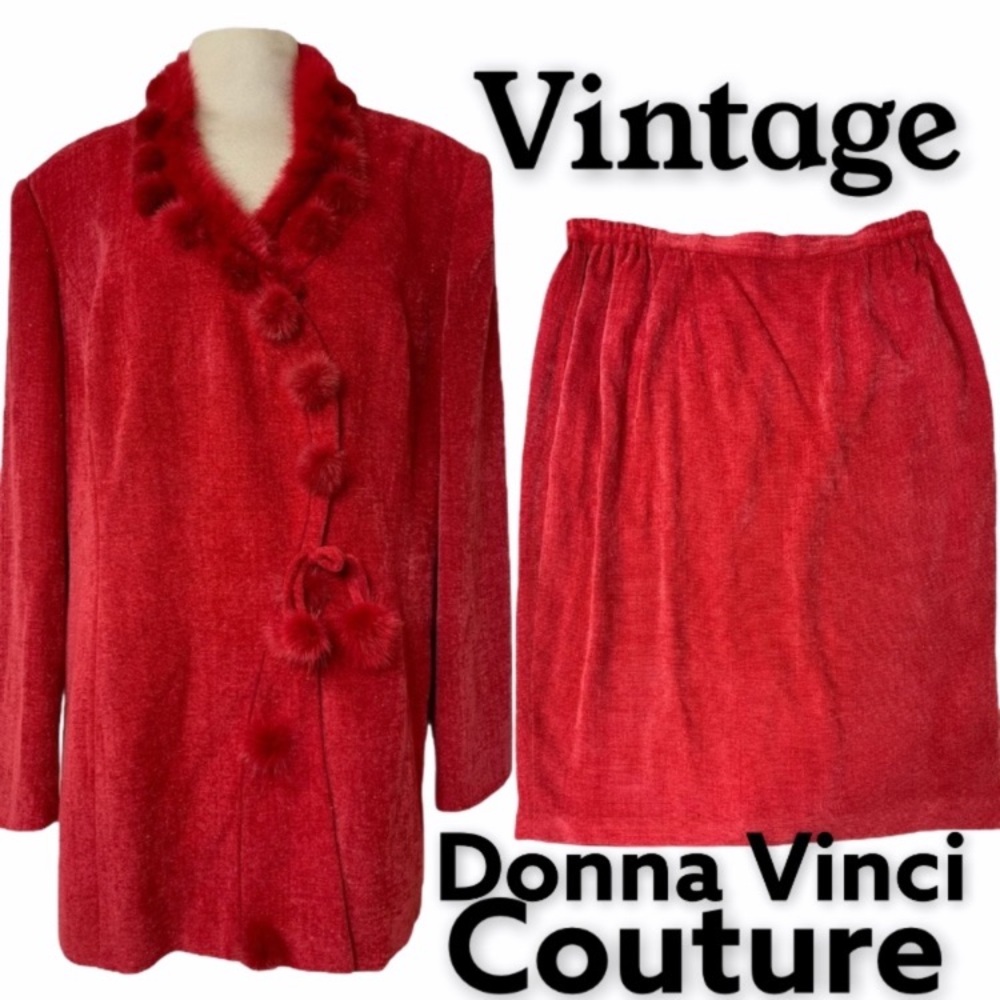 Vintage Donna Vinci Couture Skirt and Blazer Coat Suit Set Luxury Designer Fur